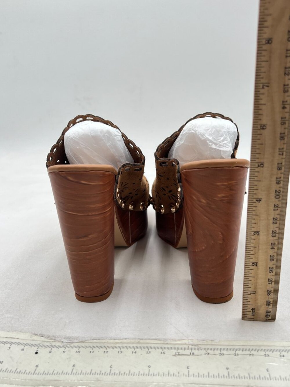 FOWT Tan Studded Round Toe Floral Cut Out Platform Mules Chunky Heel Sandals - Picture 5 of 8